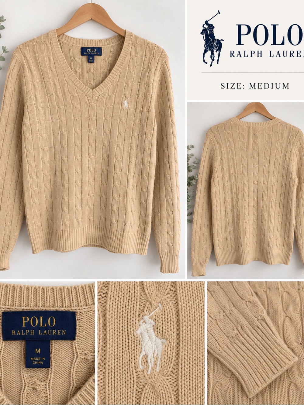 Polo by Ralph Lauren Cable Knit V-Neck Sweater — Beige